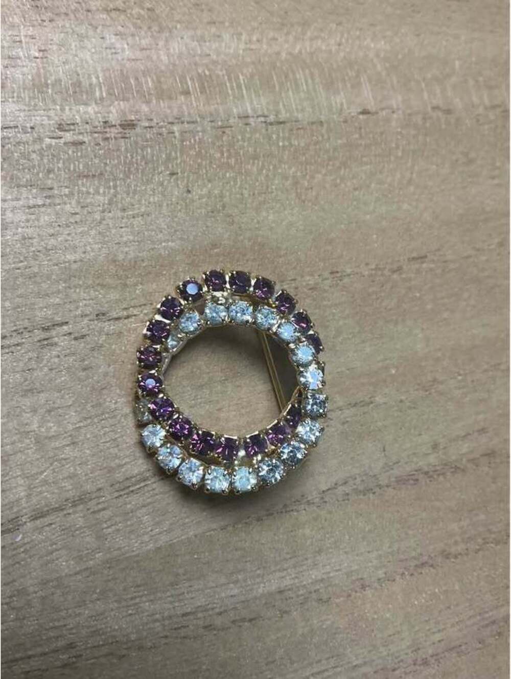 Vintage Gold-Tone Purple and Clear Rhinestone Circle Brooch